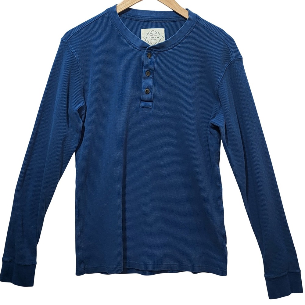 St Johns Bay Mens Blue Waffle Knit Henley Shirt Long Sleeve Cotton Medium M